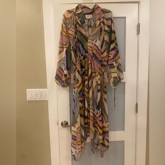 H&M Studio Collection Multicolor Rainbow Silk Maxi Balloon Sleeve Dress - Picture 5 of 8